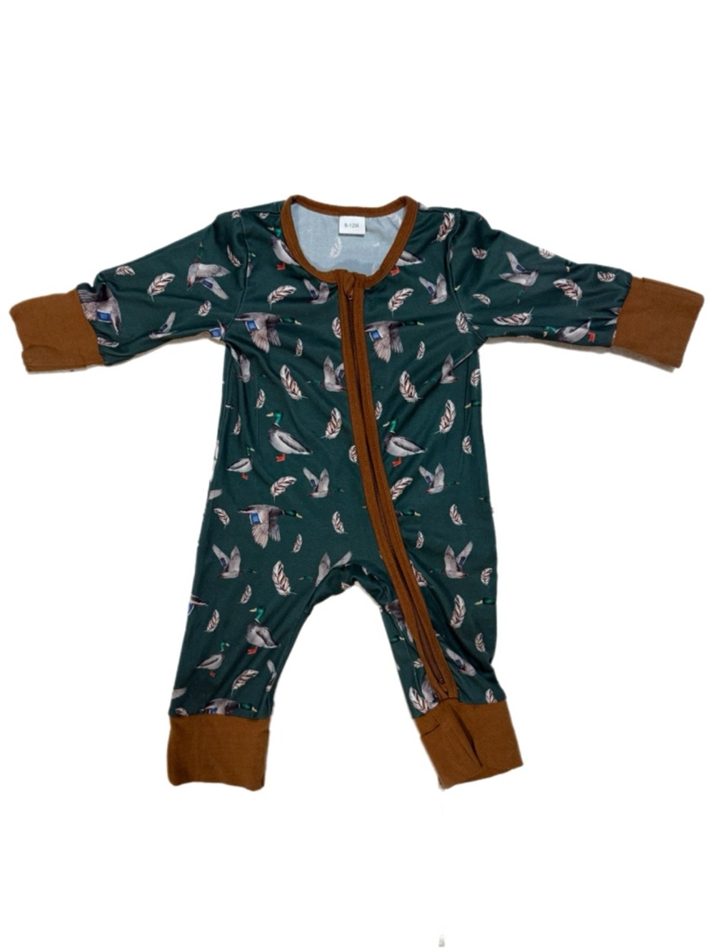 Green duck-Print Baby One-Piece with Brown Trim